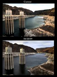 The current water level and in 2009, as seen from the Hoover Dam overlook.