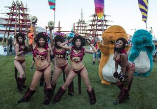 The Brass Monkeys make their way about the Cosmic Meadow during the opening night of EDC Las Vegas 2017 at the Las Vegas Motor Speedway on Friday, June 16, 2017.