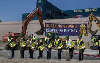 Dignitaries shovel some of the first soil during the MGM Grand groundbreaking ceremony on a major Conference Center expansion on Tuesday, June 16, 2017.