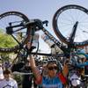Heather Fisher signifies her support for cyclist safety at the memorial site for Dr. Kayvan Khiabani outside of Red Rock Casino in Las Vegas, on Saturday, June 17, 2017. Dr. Khiabani died in a cycling accident on April 18.