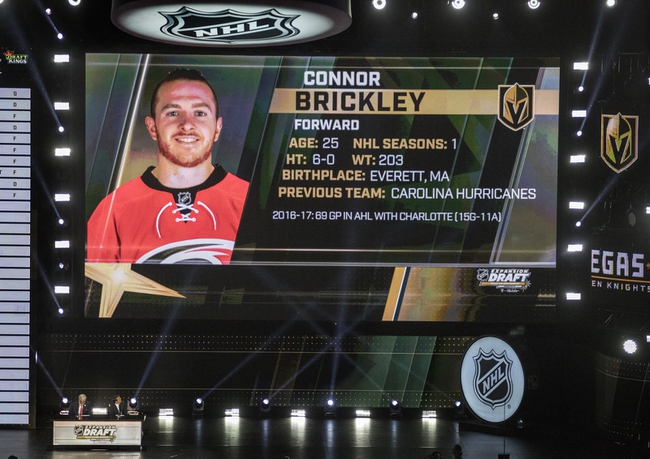 Connor Brickley of Carolina is announced as a Golden Knights expansion pick, one off of every NHL roster during the NHL Awards show on at the T-Mobile Arena on Wednesday, June 21, 2017.