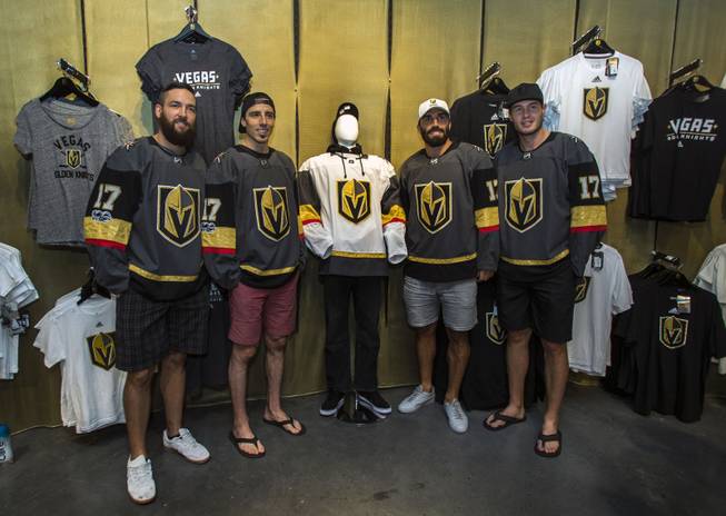 Deryk Engelland, Marc-Andre Fleury, Jason Garrison and Brayden McNabb of the Golden Knights gather during media availability for new players in the official team store, The Armory, at the T-Mobile Arena on Thursday, June 22, 2017.