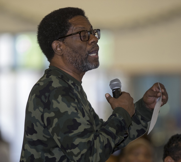 Dr. Doug Garner poses a question for the board as the local chapter of the NAACP sponsors an info session and discussion on Nevada's legal process when someone is killed held at West Prep Academy on Friday, June 23, 2017.