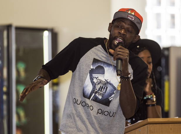 Adrian A.P. Parker has a few words of personal wisdom for the crowd as the local chapter of the NAACP sponsors an info session and discussion on Nevada's legal process when someone is killed held at West Prep Academy on Friday, June 23, 2017.