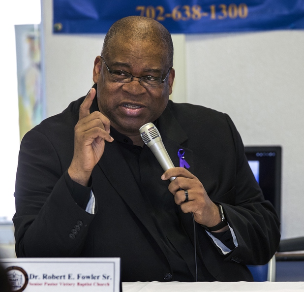 Dr. Robert E. Fowler Sr. makes a few statements as the local chapter of the NAACP sponsors an info session and discussion on Nevada's legal process when someone is killed held at West Prep Academy on Friday, June 23, 2017.