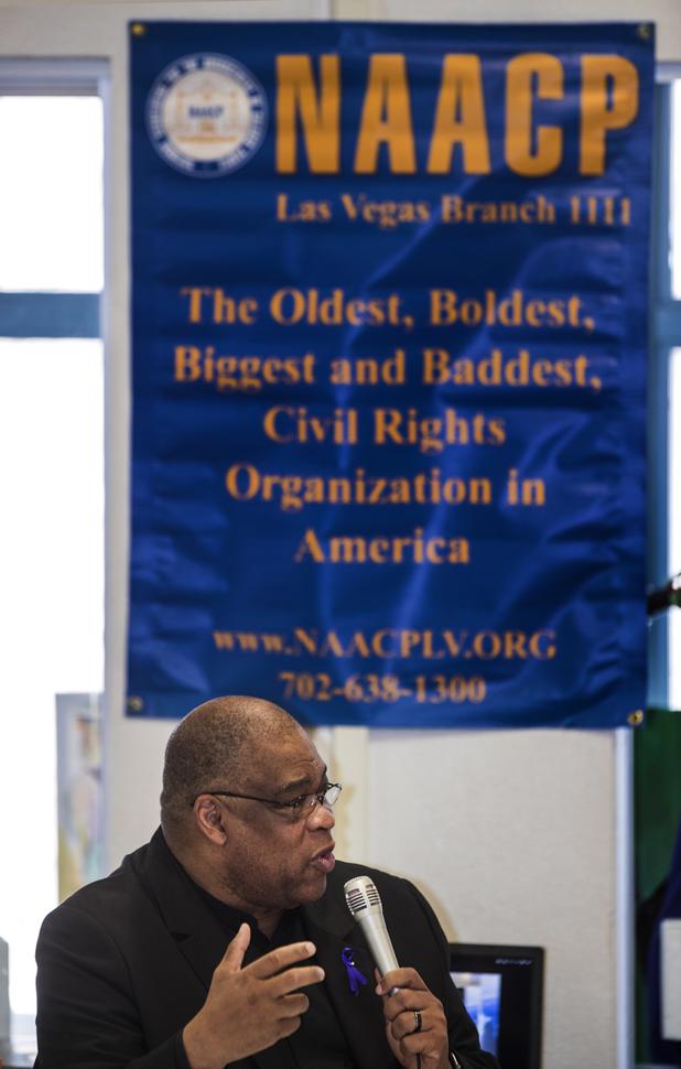 Dr. Robert E. Fowler Sr. makes a few statements as the local chapter of the NAACP sponsors an info session and discussion on Nevada's legal process when someone is killed held at West Prep Academy on Friday, June 23, 2017.