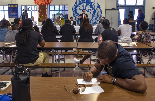 Questions are written for the board to answer during the local chapter of the NAACP sponsored info session and discussion on Nevada's legal process when someone is killed held at West Prep Academy on Friday, June 23, 2017.