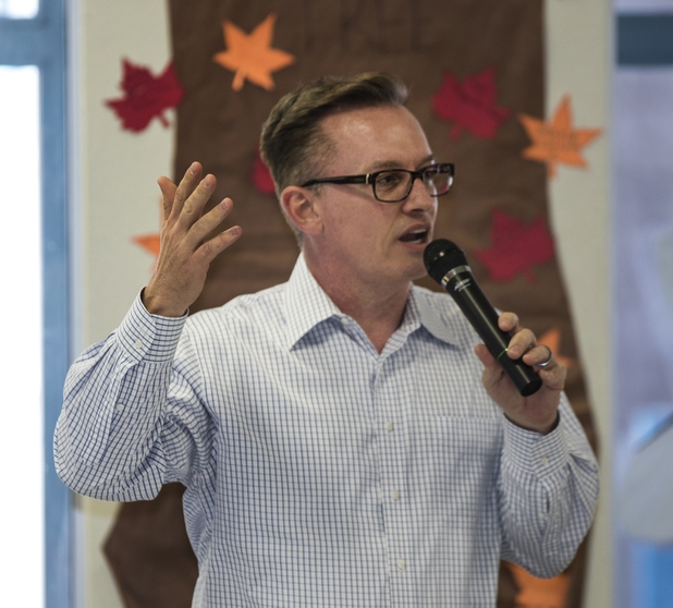 ACLU of Nevada's Todd Story gives a few remarks as the local chapter of the NAACP sponsors an info session and discussion on Nevada's legal process when someone is killed held at West Prep Academy on Friday, June 23, 2017.