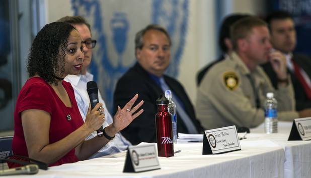 Clark County public defender Erika Ballou answers a question during the local chapter of the NAACP sponsors an info session and discussion on Nevada's legal process when someone is killed held at West Prep Academy on Friday, June 23, 2017.