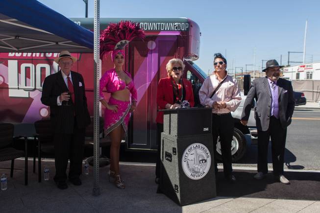 Mayor Carolyn G. Goodman talks with press during a media event for the Downtown Loop, a free shuttle service in Downtown Las Vegas, Nev. on June 27, 2017. The Downtown Loop is a six-month pilot program that is a partnership between the city of Las Vegas, the RTC of Southern Nevada and Keolis Transit..