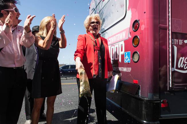 Mayor Carolyn G. Goodman christened a shuttle during a media event for the Downtown Loop, a free shuttle service in Downtown Las Vegas, Nev. on June 27, 2017. The Downtown Loop is a six-month pilot program that is a partnership between the city of Las Vegas, the RTC of Southern Nevada and Keolis Transit..