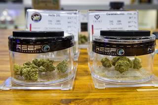 Marijuana is displayed at the Reef Dispensary during a Nevada Dispensary Association news conference on legal recreational marijuana sales Thursday, June 29, 2017.