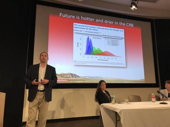 UNLV geoscience expert Matthew Lachniet explains rising temperatures in the West, as Colby Pellegrino, director of water resources at Southern Nevada Water Authority, and Lynn Fenstermaker of Desert Research Institute look on. The trio spoke during a panel discussion on climate and drought at UNLV on June 29, 2017.
