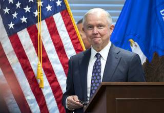 U.S. Attorney General Jeff Sessions concludes his remarks  to representatives from federal, state, and local law enforcement at the U.S. Attorney's Office in Las Vegas Wednesday, July 12, 2017.