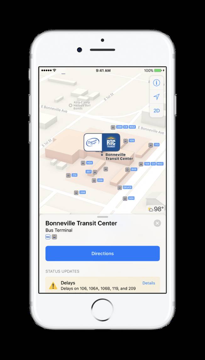 Public transit data for Las Vegas and other urban areas of Nevada is included in the latest version of Apple Maps rolled out on Tuesday, July 11, 2017.
