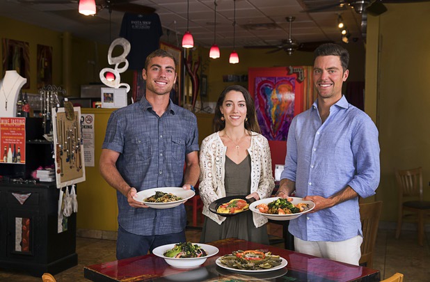 Clayton, left, Bianca, center, and Trent Alenik poses with their namesake dishes at the Pasta Shop Ristorante & Art Gallery, 2525 W Horizon Ridge Parkway, in Henderson Monday, July 10, 2017. From left: Whole Wheat Claton, Ravioli Bianca, and Diablo Trent.