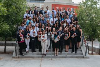 Students pose for a group photo after a stethoscope ceremony by UNLV School of Medicine for the inaugural class of medical students on July 17, 2017.