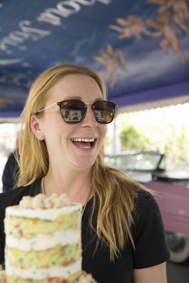 Chef Christina Tosi surprises a lucky couple at the Little Chapel of Flowers with a cake during a day long outing in downtown Las Vegas, Tuesday, June 8, 2017.  Photo by Christopher DeVargas