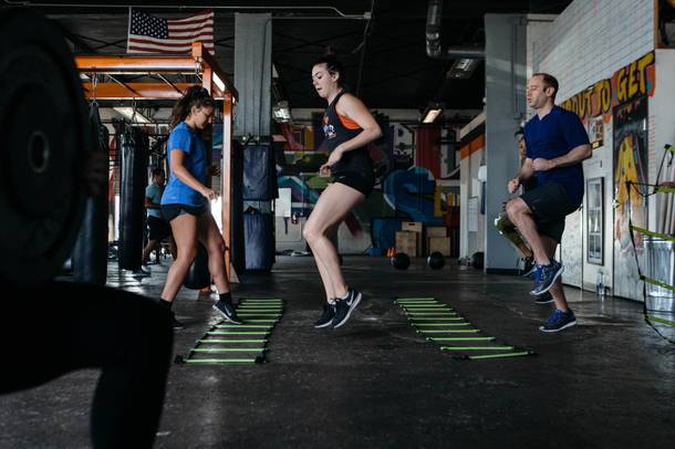 A workout class at Real Results in Downtown Las Vegas, Nev. on July 11, 2017.