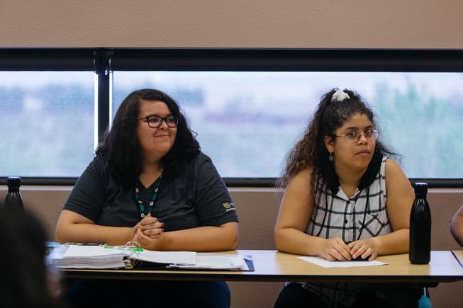 Left, Abigail Moore listens during a class taught by Leila Pazargadi at the Liberal Arts & Sciences Building at Nevada State College in Las Vegas, Nev. on July 11, 2017.  The class is part of a summer bridge program aimed to assist first-generation college students prep & become aware resources available throughout there education.