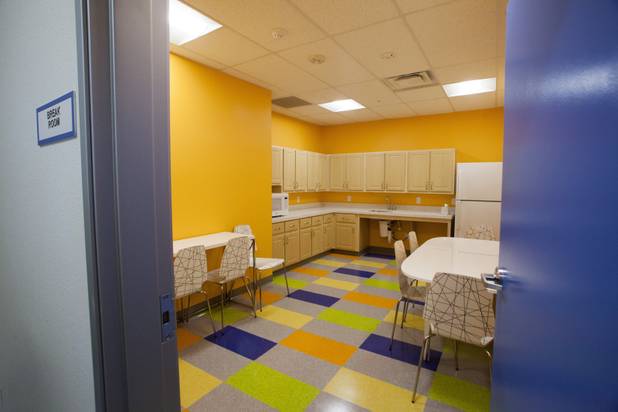 The break room for the office personnel is seen during the grand opening ceremony of the new Shannon West Homeless Youth Center, Friday, July 14, 2017.
