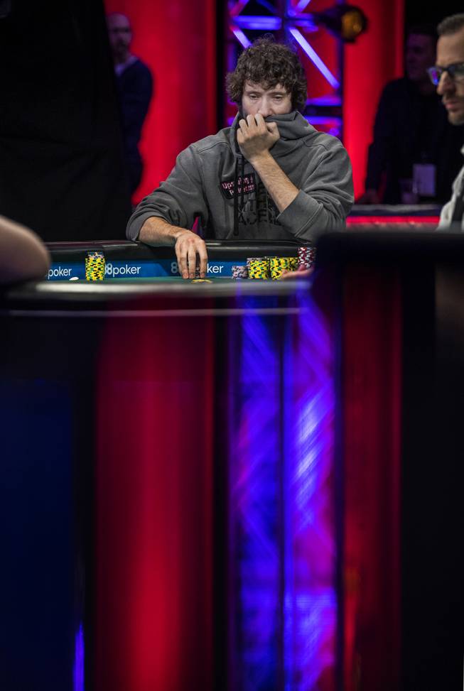 Daniel Ott contemplates his next move during the second of three straight nights to finish poker's world championship as the table goes from 7 to 3 players at the Rio on Friday, July 21 2017.