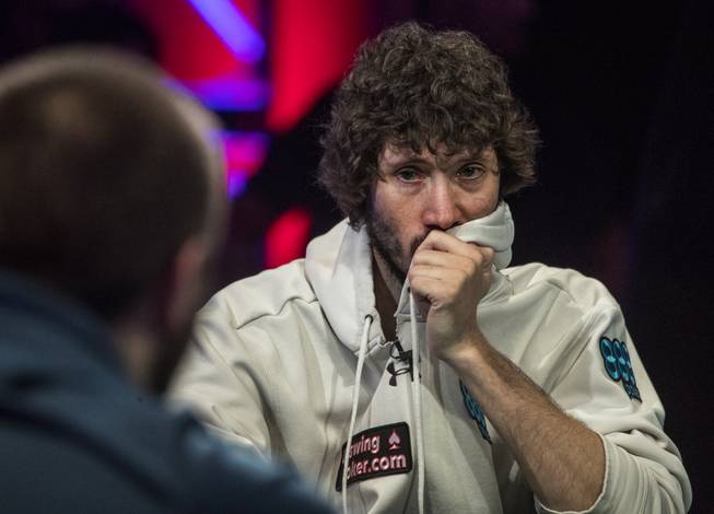 Dan Ott attempts to stay in control with a big bet on the kine versus Scott Blumstein during the last night of the WSOP to finish poker's world championship as the table goes from 3 to a winner at the Rio on Saturday, July 22 2017.
