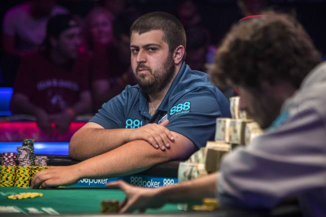 Scott Blumstein looks to Dan Ott placing bother big bet during the last night of the WSOP to finish poker's world championship at the Rio on Saturday, July 22 2017.