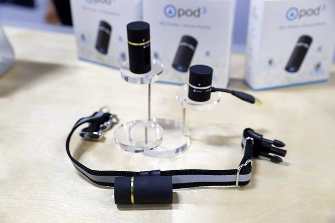 A Pod 3, a real-time GPS tracker and activity monitor, is displayed during the 2017 SuperZoo, a convention for pet retailers, at the Mandalay Bay Convention Center Tuesday, July 25, 2017.