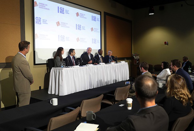 Tim Richards, center, senior vice president payments innovation for Everi, speaks during a Responsible Gaming Panel at UNLV Thursday, Aug. 3, 2017.