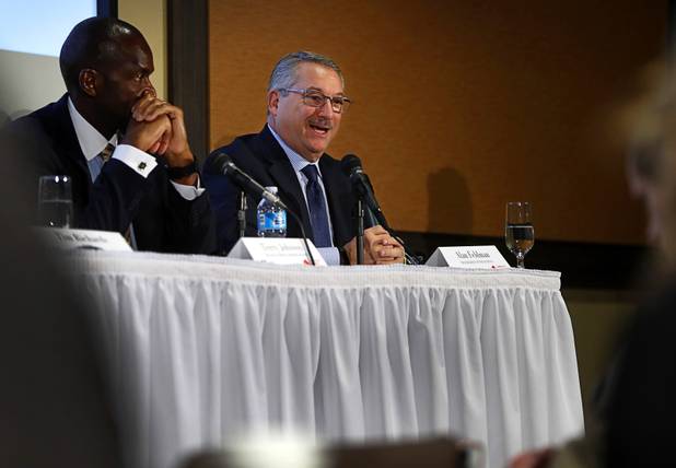 Alan Feldman, executive vice president of global government & industry affairs at MGM Resorts International, speaks during a Responsible Gaming Panel at UNLV Thursday, Aug. 3, 2017. Terry Johnson, a member of the Nevada Gaming Control Board, listens at left.