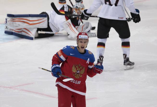 Russia’s Vadim Shipachev celebrates his second goal during the Ice Hockey World Championships quarterfinal match between Russia and Germany, in Moscow, Russia, on Thursday, May 19, 2016.