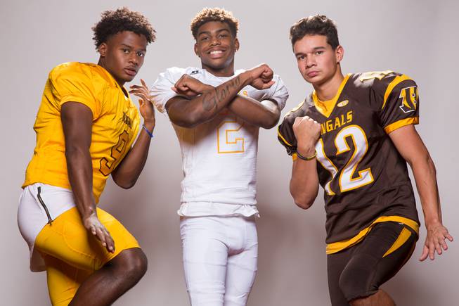 Members of the Bonanza High School football team, from left, Joshua WIlson, Joey Fox and Kyle Allison pose for a portrait at the Las Vegas Sun's high school football media day August 2, 2017, at the South Point.