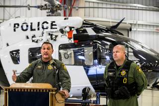 LVMPD Chief Pilot Steve Morris Jr. and Co-Pilot Bryan Woolard describe their new twin-engine H145 Airbus Helicopter for use in the Air Support Detail based out of the North Las Vegas Airport on Wednesday, August 16, 2017.