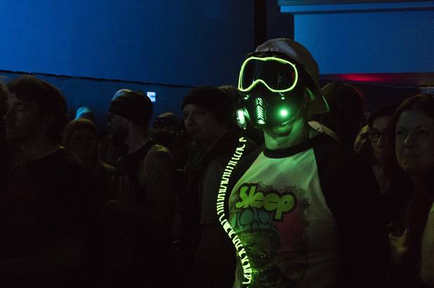 A Sleep fan wears an led lit mask during their performance at the Psycho Festival at the Hard Rock Hotel and Casino Friday, Aug. 18, 2017.