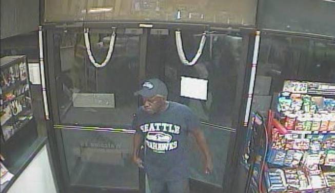 Police are looking for a suspect in east Las Vegas valley convenience store armed robbery. He wore who wore a dark blue Seattle Seahawks shirt and cap, and dark shorts.


