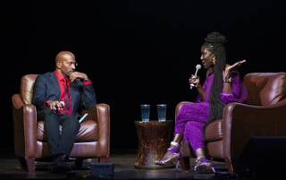 Social activist and news commentator Van Jones speaks with Bozoma St. John during the final stop on the We Rise tour at the Mandalay Bay House of Blues on Friday, Aug. 19, 2017.