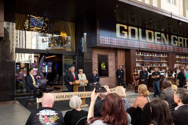 Las Vegas Mayor Carolyn Goodman makes a few remarks at the opening ceremony of the new expansion at Golden Gate Hotel & Casino in downtown Las Vegas, Friday Sept. 1, 2017.