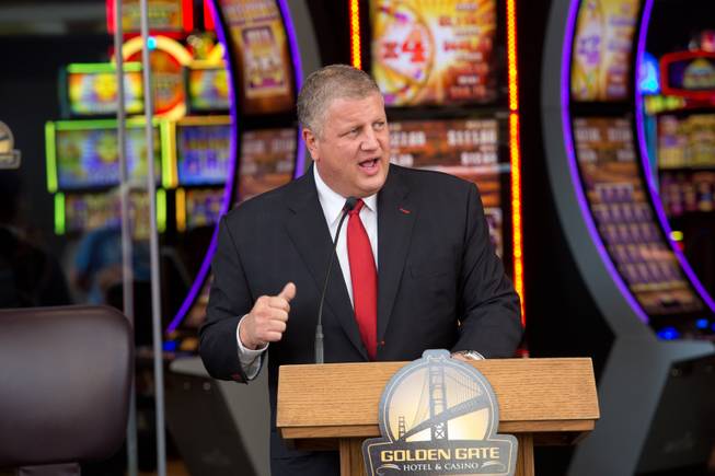 Derek Stevens, CEO of Golden Gate Hotel & Casino, makes a few remarks at the opening ceremony of the casino's new expansion, Friday Sept. 1, 2017.
