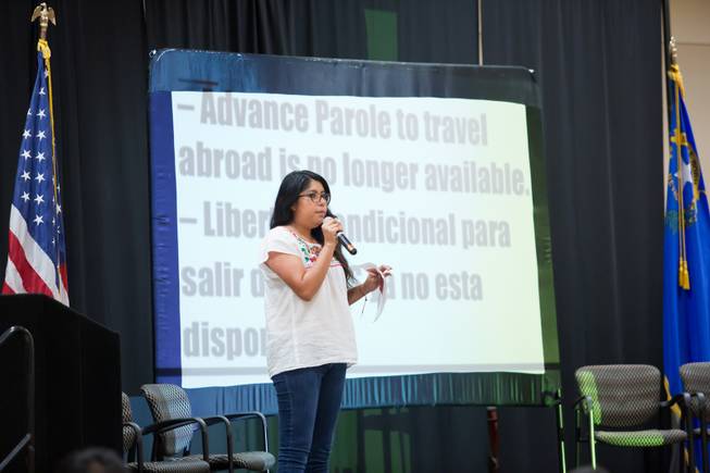 Erika Castro, with the Progressive Leadership Alliance of Nevada, speaks during a community forum explaining some of the changes DACA participants face now that the president has rescinded the program, Tuesday Sept. 5, 2017.