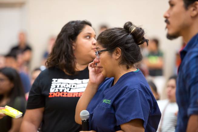 An emotional Erika Rivera asks a panel of lawyers a question regarding the future of DACA participants during a forum at the East Las Vegas Community Center Tuesday Sept. 5, 2017.