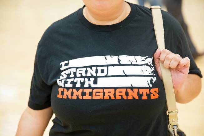 A shirt showing support for immigrants is worn during a forum at the East Las Vegas Community Center regarding the president's decision to rescind DACA, Tuesday Sept. 5, 2017.