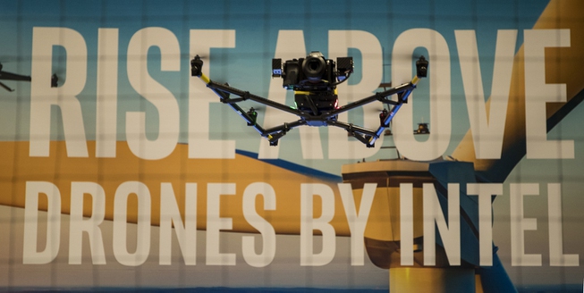 An Intel Flacon 8+ Drone takes flight during InterDrone at ...