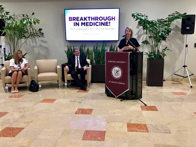Kris Engelstad McGarry speaks at the Roseman University College of Medicine after the Engelstad Family Foundation pledged $10 million to the school to for its “Breakthrough in Medicine” campaign.
