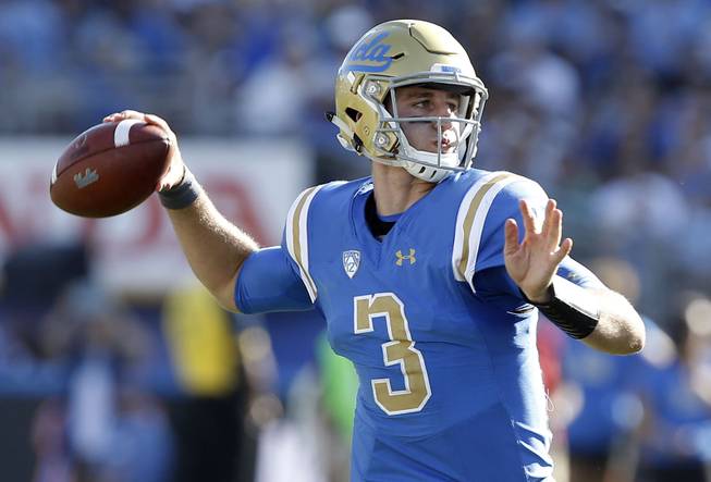 UCLA quarterback Josh Rosen (3) passes the ball against Hawaii during the second half of an NCAA college football game in Pasadena, Calif., Saturday, Sept. 9, 2017. UCLA won 56-23. 