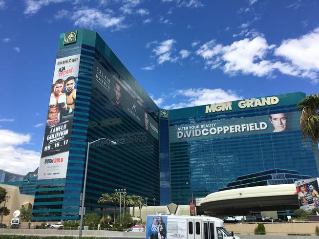 A 200-foot-tall-by-45-foot wrap on MGM Grand promotes the long-anticipated middleweight championship fight on Saturday.