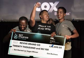 Medin Gebrezgier and Jonathan and Cesar Santos of Revive Brand Co. celebrate their victory at the Get Started competition designed for entrepreneurs and small-business owners at the Palms on Thursday, Sept. 14, 2017.