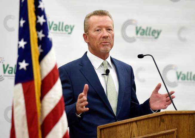 Valley Electric Association CEO Tom Husted speaks during a ceremonial ribbon-cutting at Beatty High School on Friday, Sept. 15, 2017, in Beatty. Gov. Brian Sandoval and Valley Communications Association celebrated the connection of the company's high-speed fiber to the Beatty school and the beginning of construction for the first all-fiber community in Nevada.