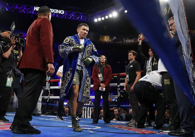WBC/WBA/IBF middleweight champion Grennady Golovkin of Kazakhstan enters the ring for his title defense against Canelo Alvarez of Mexico at T-Mobile Saturday Saturday, Sept. 16, 2017.