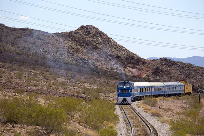 A Nevada Southern Railway train heads southbound on the tracks behind the Railroad Pass hotel-casino Sunday, Sept. 17, 2017.